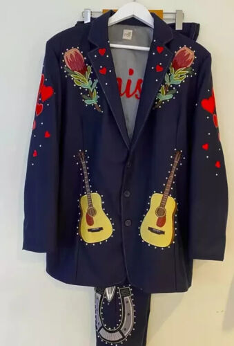 Men 2Pc Bespoke Guitar Embroidered Nudie Western cowboy Cocktail Prom Outfit