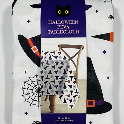 Happy Halloween Peva Tablecloth 60 x90  Rectangle Witch Hats Spider Webs NEW