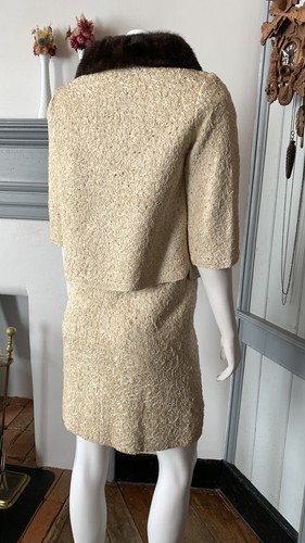Vintage 1960s Jackie Kennedy suit dress set bolero jacket mink ivory ribbon mini - Picture 13 of 24