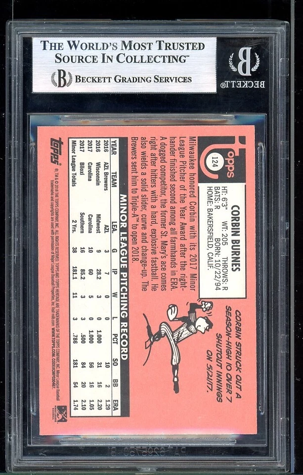 POP 2 Corbin Burnes 2018 Topps Heritage Minors #124 RC Sky Sox BGS 9 NONE HIGHER - Image 2 of 2
