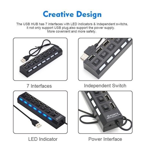 USB 3.0 Hub 7 Port On/Off Switch High Speed Splitter AC Adapter Cable PC Laptop - Picture 11 of 15