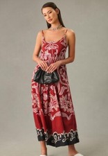NWT Anthropologie Square-Neck Pleated Dress Size Large Red Printed  Size Small