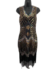 Babeyond Flapper Dress Womens M NWOT 1920s Great Gatsby Black Gold Green Sequin