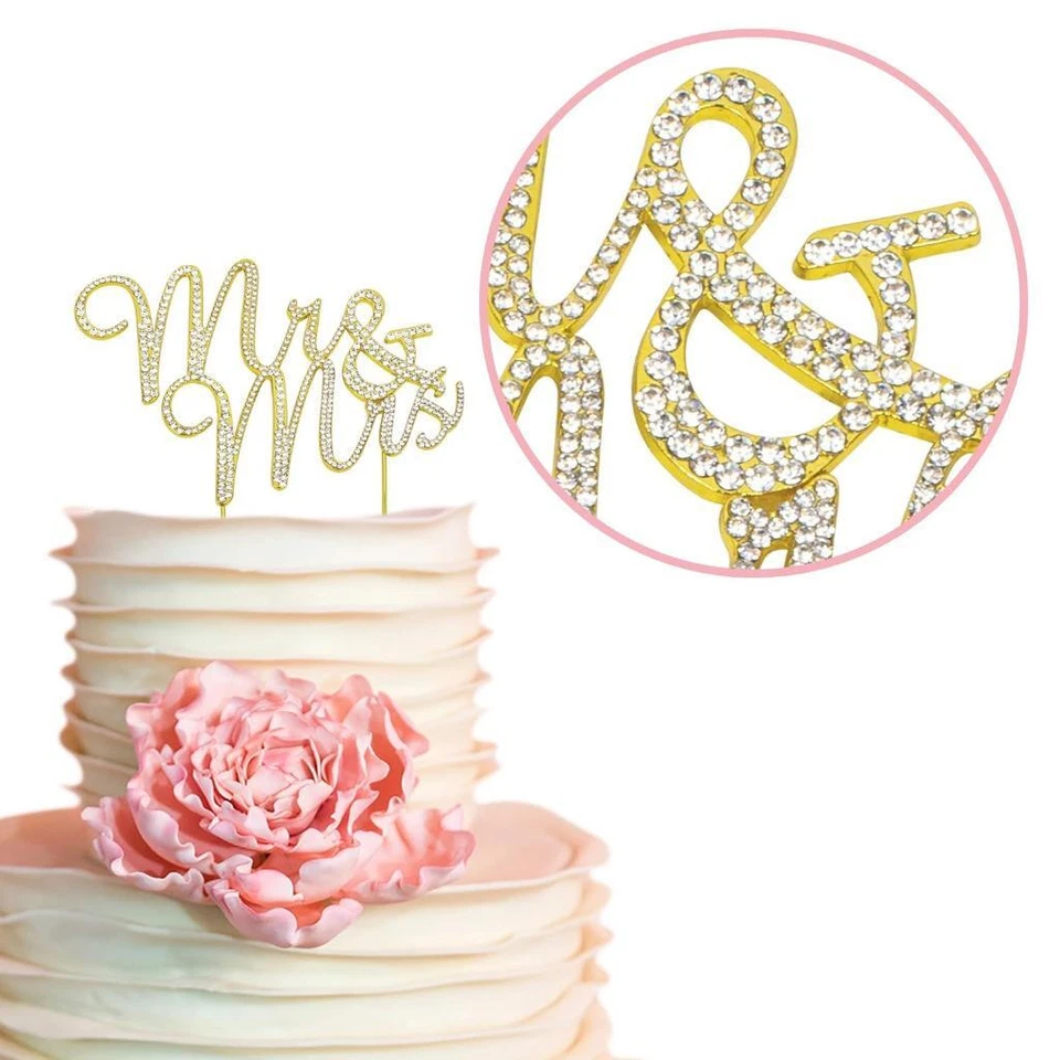 Mr & Mrs Boda Pastel Topper Cristal Dorado Metal Boda Aniversario Fiesta Foto 2 de 4