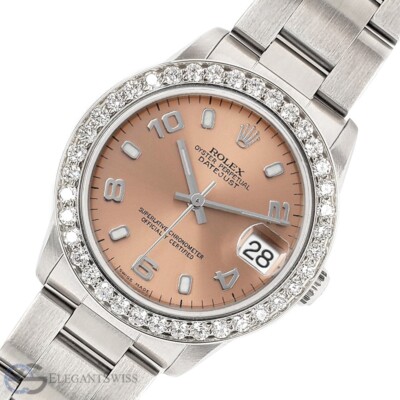 Rolex Datejust Midsize 31mm Salmon Arabic Oyster Watch 1.62ct Bezel Steel