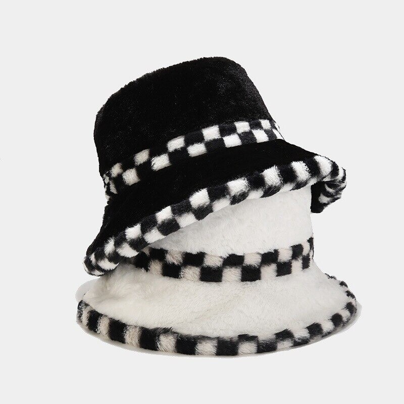 Faux Fur Plaid Print Bucket Hat Unisex Warm Fluffy  display picture 2