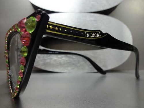 Classy Elegant Cat EYE READING EYE GLASSES READERS Green Pink Crystals HANDMADE - Picture 6 of 8