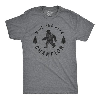 Mens Hide and Seek Champion T shirt Funny Bigfoot Tee Humor Cool Graphic Print