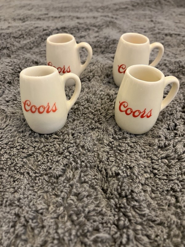 Coors Ceramic Mini Beer Mugs Set of 4 White w/ Red Script Logo