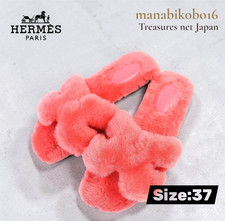 Size:37 HERMES 231288Z Oran Sheepskin H Logo Fur Sandal Mule Pink Women japan