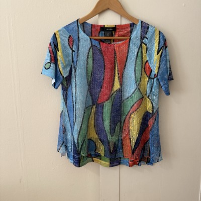 Ali Miles Women's Pullover Tunic Top SZ PS Artsy Art to Wear Mixed Media Layered