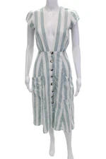Reformation Womens Linen Striped Print Button Down Dress Blue White Size 2