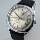 Vintage Timex Electric Watch Men Silver Leather Day Date Analog New Battery