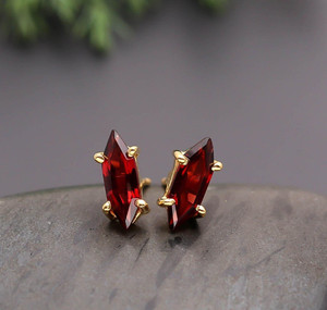 Authentic Natural Garnet Hexagon Stud Earrings Gold Plated Solid Silver Handmade Jewelry