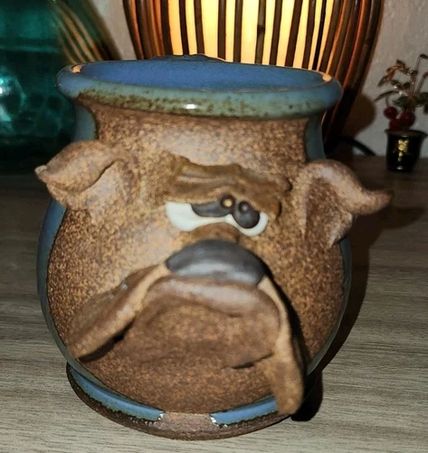 Signed MMS Mahon Art Ugly Face Pottery Mug Dog Face Vintage 80s Great Condition 