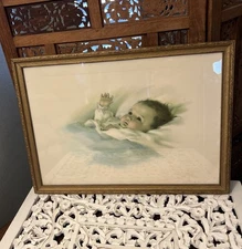 Vintage Bessie Peage Gutmann Antique Framed Print Awakening Baby Picture 22x16
