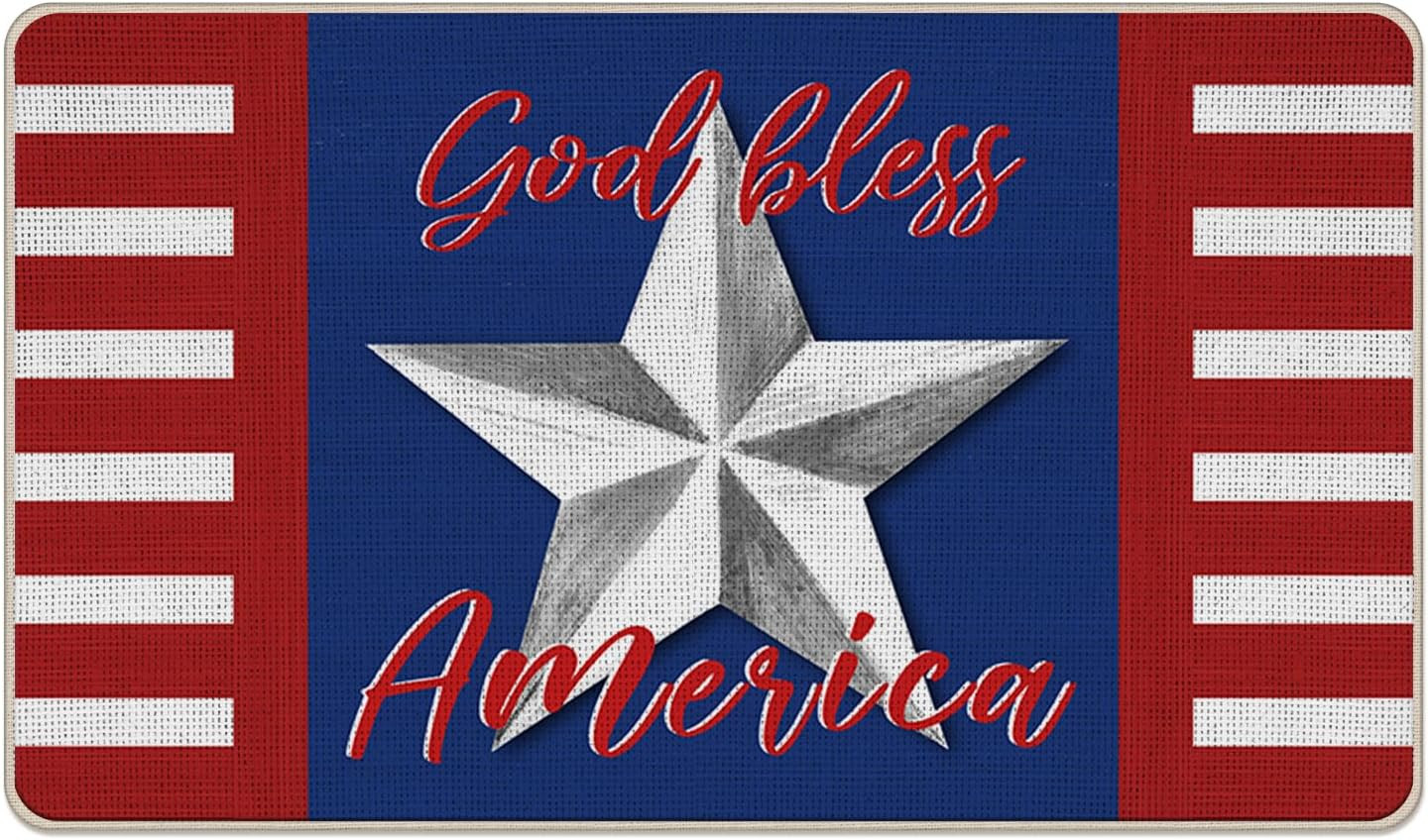 God Bless America 4Th of July Patriotic Decorative Front Door Mat, USA Stars Str