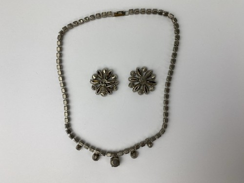 Vintage klar weiß Strass silberfarben Halsband Halskette & Schraubverschluss Ohrringe Set - Bild 6 von 8