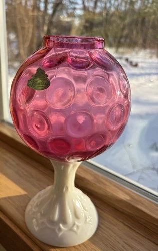 VTG Fenton Cranberry Glass Coin Dot Tea Lamp Base Ivy Ball Vase Globe