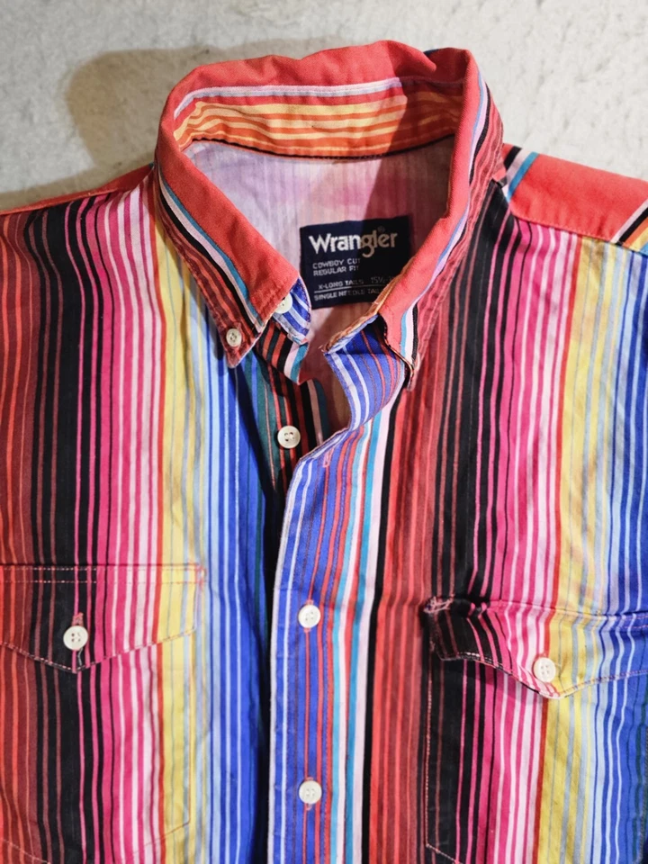 Vintage Wrangler Striped X-Long Tails Cowboy Cut Western Brushpopper Sz 15.5/33  - Image 3 of 4