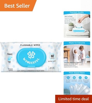Gentle Flushable Wipes for Adults & Kids: Plant-Based & Septic Safe 60 Count
