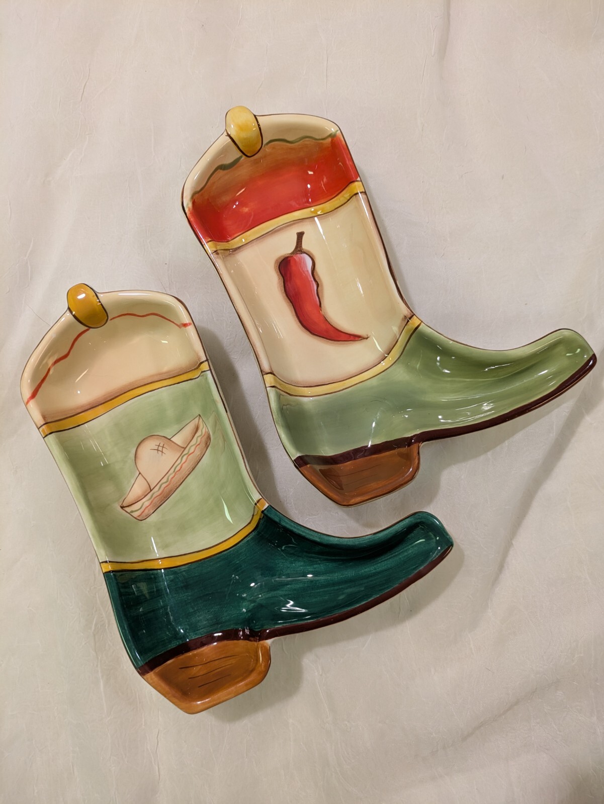 Clay Art Ceramic Boot Set of 2 Condiment or Serving Dishes 9"x 6.5"