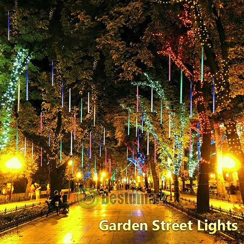 Luces solar de Meteoros Lluvia 144 LEDs 8 Tubos De Arbol Navidad Decoracion - Picture 6 of 15