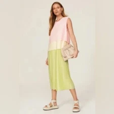 Hugo Boss Emanis Triple-Layer Plisse Pleat Dress M Colorblock Pastel Sleeveless
