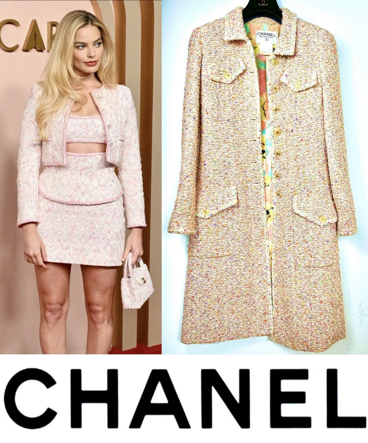 Chanel Vintage 1997 Barbie Rosa Tweed Giacca Lunga 34 36 2 4 Cappotto 24K Vintage S M