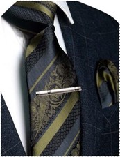 Mens Floral Necktie and Pocket Square Tie Clip Sets for Men Olive Green