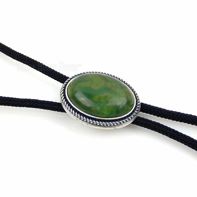 Green Jade Natural Stone Bolo Tie Oval Real Silver Plated 36'' Adjustable Cord