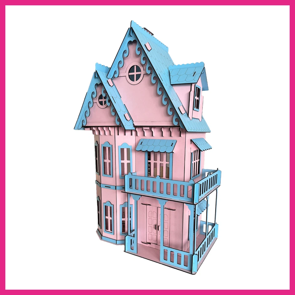 Casa de muñecas de madera, rompecabezas de madera 3D casa de muñecas, casa de muñecas en colores rosa bebé, hágalo usted mismo Foto 3 de 4