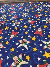 Christmas "Star SNOWMAN SANTA -on blue Fabric 2 Yards