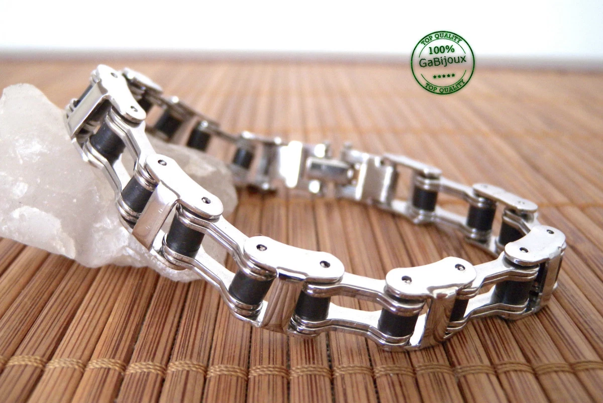 Bracciale in Acciaio da Uomo Maschile Resina Nera Catena Moto