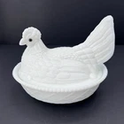 Antique Milk Glass Large Nesting Chicken Hen on Basket Covered Dish 7.5 x 6