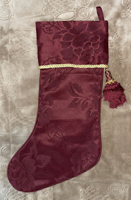 Dark Red Floral Print Christmas Stocking With Gold Braid & Bell Tassel 18  NWOT