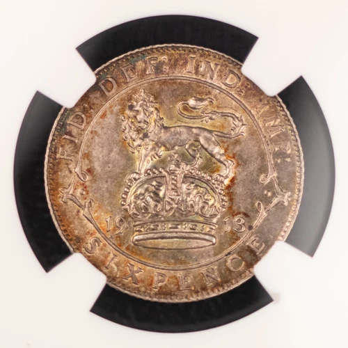 1913 Great Britain Sixpence, NGC MS61, Beautiful Toning, UK 6 Pence KM 815 #62