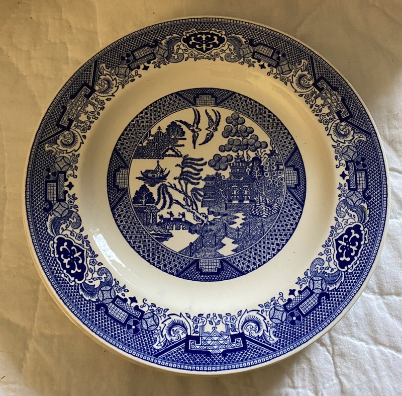 3 Vintage WillowWare By Royal China Blue & White 10” Ironstone Dinner Plates EUC