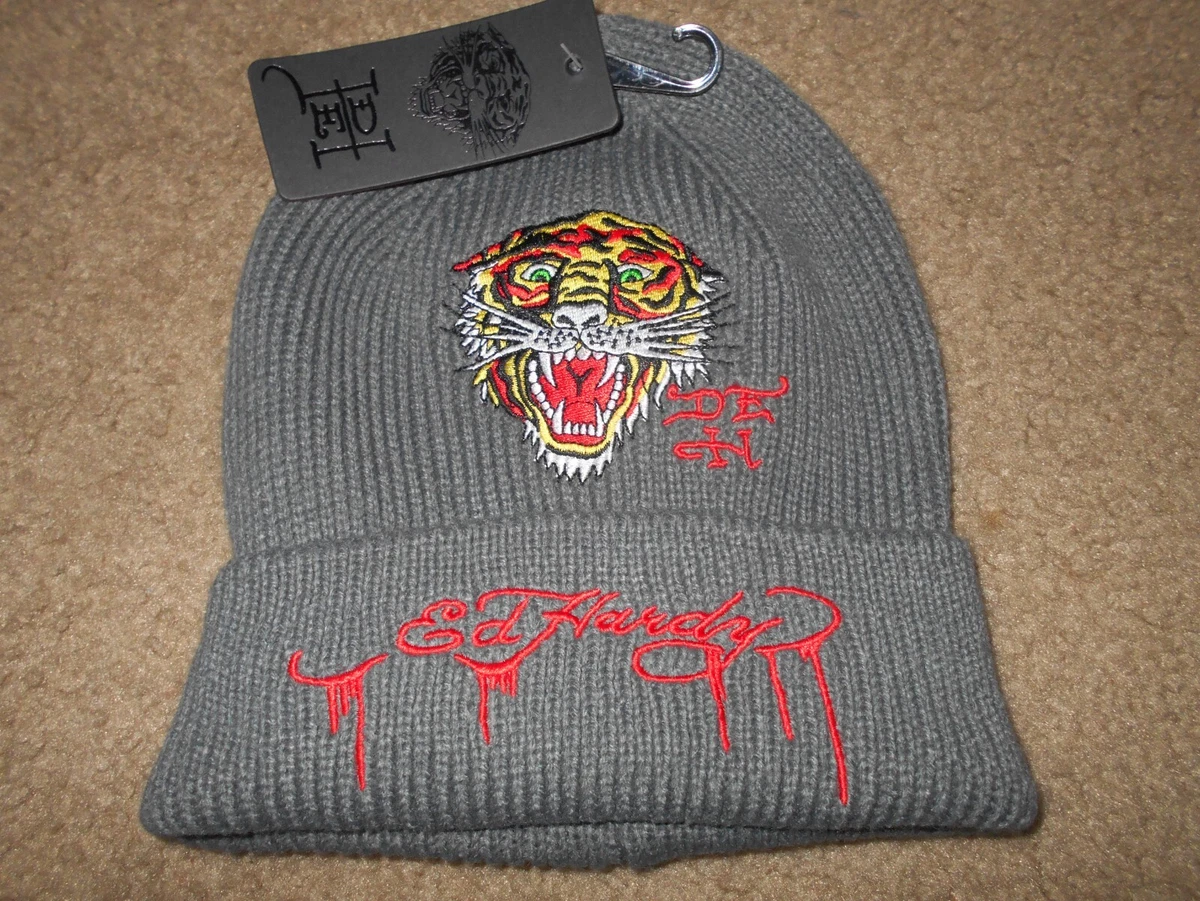 Ed Hardy Embroidered Tiger Pom Beanie Gray Y2K Tattoo Aesthetic NWT Ed Hardy Beanies Set of 2 gray and red Tiger | Mercari main image 4