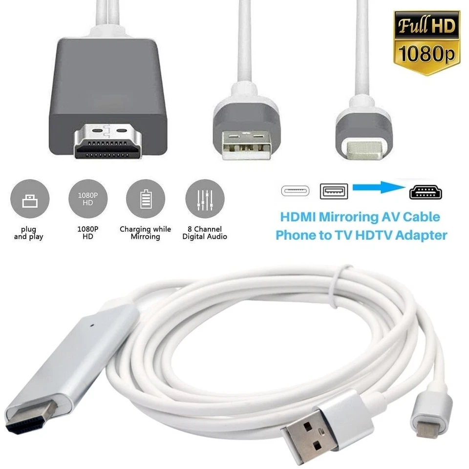 1080P HDMI Mirroring Cable Phone to TV HDTV Adapter Cord for iPhone iPad Android - Image 2 of 4