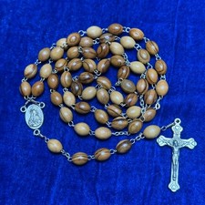 Vintage Jerusalem Olive Wood Bead Catholic Rosary with Heart Tip Crucifix 22"