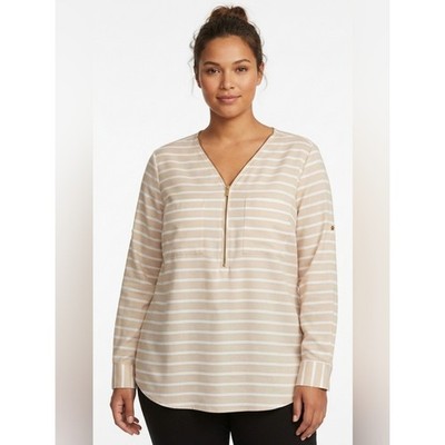 Calvin Klein Beige & White Striped Zip-Front Pullover Blouse Size L