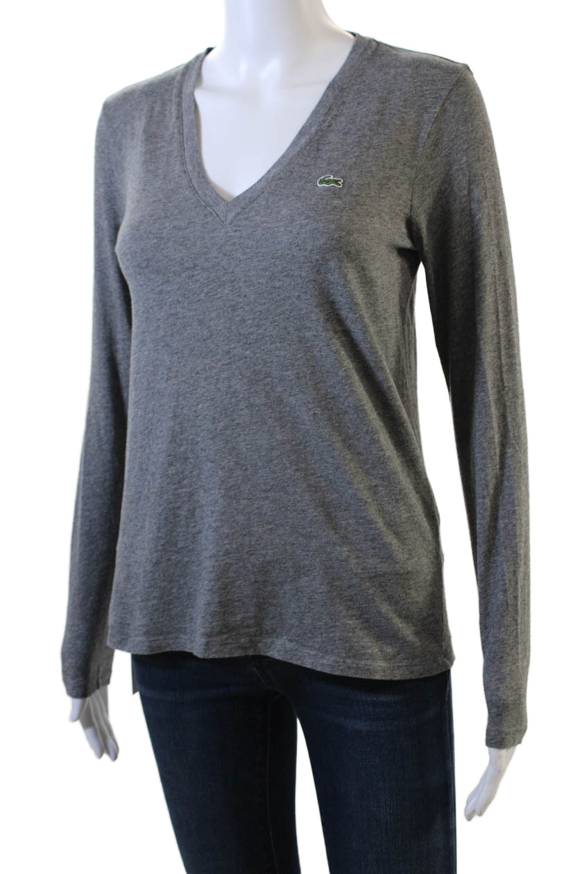 Lacoste Womens Long Sleeves V Neck Tee Shirt Grey Cotton Size EUR 36 thumbnail 2
