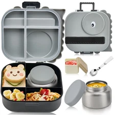 Bento Lunch Box with Thermo, 4-Compartment Bento Box with Adjustable Dividers...