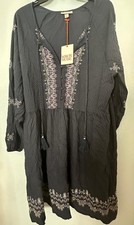 NWT Knox Rose Boho Embroidered Dress Womens 2XL Navy Tassel Peasant Cottagecore