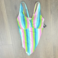 TORRID 3 Wireless Triangle One Piece Swimsuit Blue Pink Green White Stripe 3X