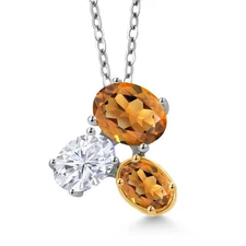 925 Silver and 10K Yellow Gold Orange Red Madeira Citrine and White Moissanite