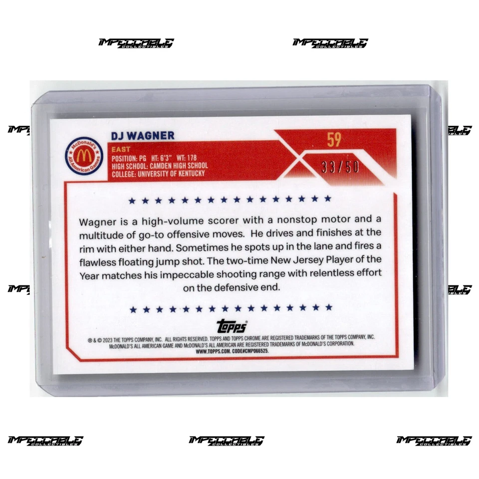 2023 Topps Chrome McDonald's A/A - Gold Raywave #59 DJ Wagner Rookie /50 - Image 2 of 2