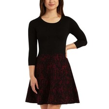 BCX Women's Knit Dress Medium Black Dark Red 3/4 Sleeve Lace Overlay NWT