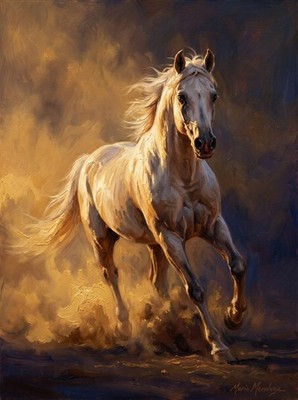 ORIGINAL MARIO MENDOZA Signed White Stallion Dust OIL PAINTING